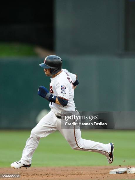 Brian Dozier of the Minnesota Twins runs the bases against the Kansas City Royals during the game on July 9, 2018 at Target Field in Minneapolis,...