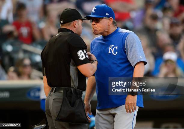 Manager Ned Yost of the Kansas City Royals reacts to being ejected by home plate umpire Will Little during the game against the Minnesota Twins on...