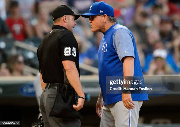 Manager Ned Yost of the Kansas City Royals reacts to being ejected by home plate umpire Will Little during the game against the Minnesota Twins on...