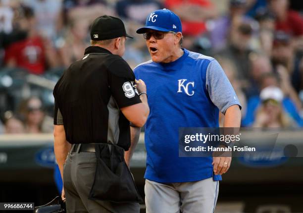 Manager Ned Yost of the Kansas City Royals reacts to being ejected by home plate umpire Will Little during the game against the Minnesota Twins on...