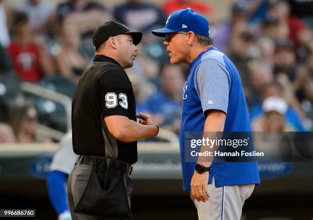 Manager Ned Yost of the Kansas City Royals reacts to being ejected by home plate umpire Will Little during the game against the Minnesota Twins on...