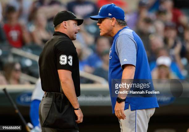 Manager Ned Yost of the Kansas City Royals reacts to being ejected by home plate umpire Will Little during the game against the Minnesota Twins on...