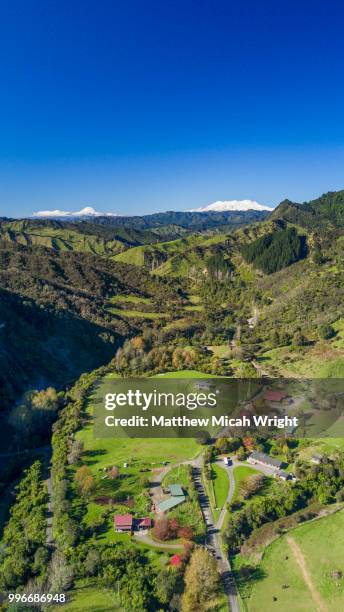 the blue duck lodge located in the whanganui national park is a working cattle farm with a focus on conservation. views over the farm station show a snow covered mount doom (mount ngauruhoe) and tongariro in the background. - tongariro crossing stock pictures, royalty-free photos & images