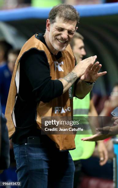 Pundit Slaven Bilic reacts on the pitch following the 2018 FIFA World Cup Russia Semi Final match between England and Croatia at Luzhniki Stadium on...