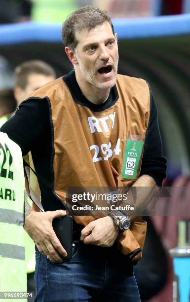 Pundit Slaven Bilic reacts on the pitch following the 2018 FIFA World Cup Russia Semi Final match between England and Croatia at Luzhniki Stadium on...