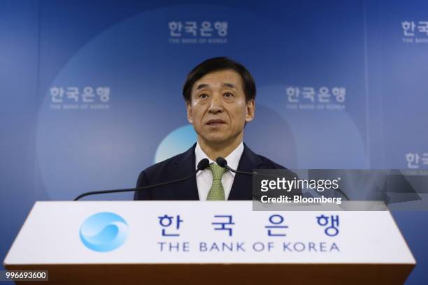 Lee Ju-yeol, governor of the Bank of Korea , speaks during a news conference in Seoul, South Korea, on Thursday, July 12, 2018. The central bank left...