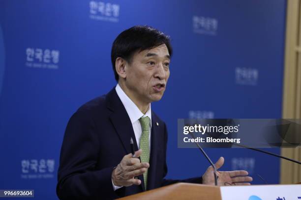 Lee Ju-yeol, governor of the Bank of Korea , speaks during a news conference in Seoul, South Korea, on Thursday, July 12, 2018. The central bank left...