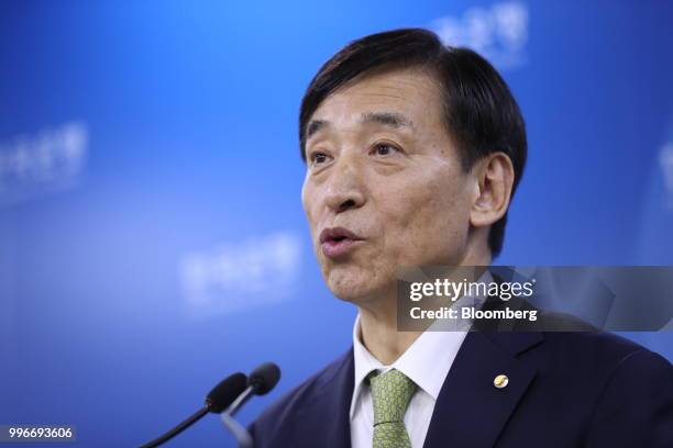 Lee Ju-yeol, governor of the Bank of Korea , speaks during a news conference in Seoul, South Korea, on Thursday, July 12, 2018. The central bank left...