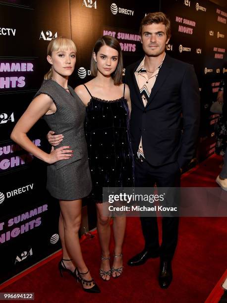 Actors Maika Monroe, Maia Mitchell, and Alex Roe attend the Los Angeles Special Screening of "Hot Summer Nights" on July 11, 2018 in Los Angeles,...