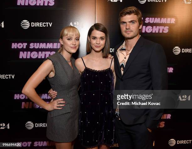 Actors Maika Monroe, Maia Mitchell, and Alex Roe attend the Los Angeles Special Screening of "Hot Summer Nights" on July 11, 2018 in Los Angeles,...