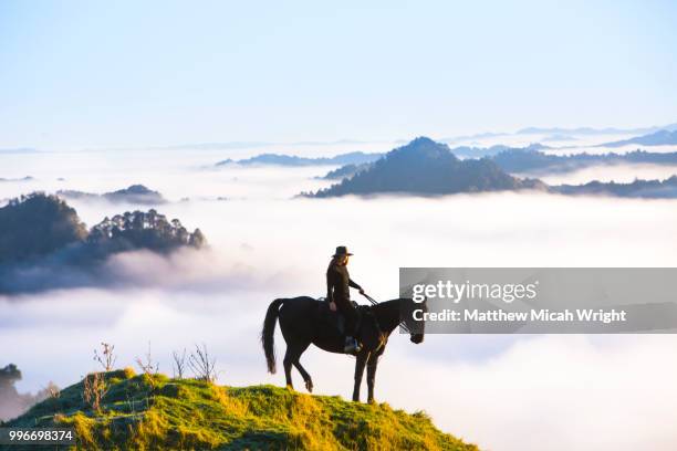 the blue duck lodge located in the whanganui national park is a working cattle farm with a focus on conservation. the early morning fog floods the valley at sunrise. a woman rides her horse to the summit to catch the sunrise. - matthew hale fotografías e imágenes de stock