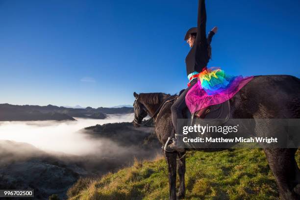 the blue duck lodge located in the whanganui national park is a working cattle farm with a focus on conservation. the early morning fog floods the valley at sunrise. a woman rides her horse to the summit to catch the sunrise. - matthew hale fotografías e imágenes de stock