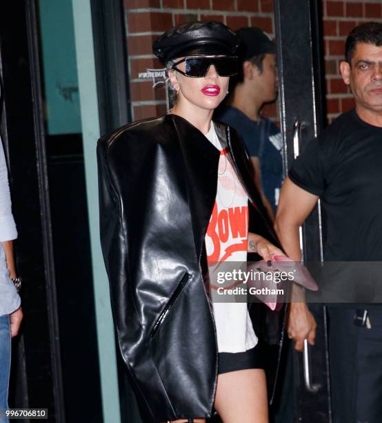 Lady Gaga wears a leather jacket over a Bowie shirt on July 11, 2018 in New York City.