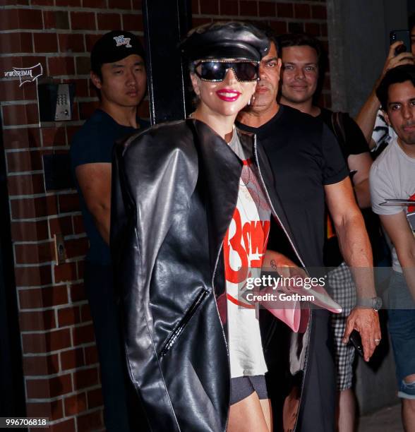 Lady Gaga wears a leather jacket over a Bowie shirt on July 11, 2018 in New York City.