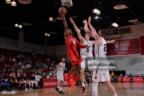 Jordan Loyd of the Toronto Raptors shoots the ball against the Denver Nuggets during the 2018 Las Vegas Summer League on July 11, 2018 at the Cox...