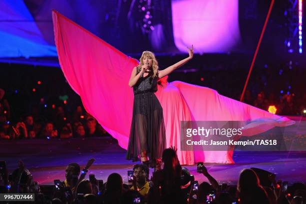 Taylor Swift performs onstage during the Taylor Swift reputation Stadium Tour at FedExField on July 11, 2018 in Landover, Maryland.
