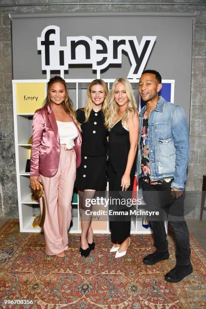 Chrissy Teigen, Finery Co-Founder Brooklyn Decker, guest and John Legend attend the Finery App launch party hosted by Brooklyn Decker at Microsoft...