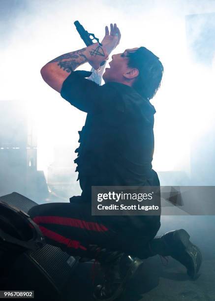 Marilyn Manson performs during the Twins Of Evil - The Second Coming Tour Opener at DTE Energy Music Theater on July 11, 2018 in Clarkston, Michigan.