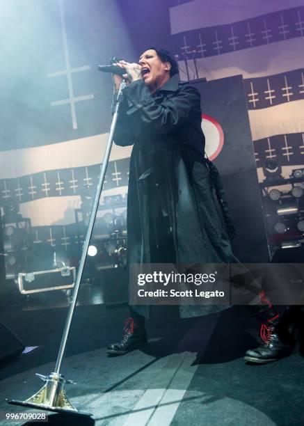 Marilyn Manson performs during the Twins Of Evil - The Second Coming Tour Opener at DTE Energy Music Theater on July 11, 2018 in Clarkston, Michigan.