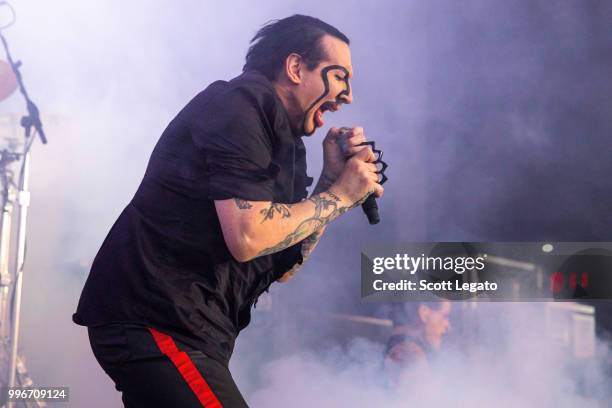 Marilyn Manson performs during the Twins Of Evil - The Second Coming Tour Opener at DTE Energy Music Theater on July 11, 2018 in Clarkston, Michigan.