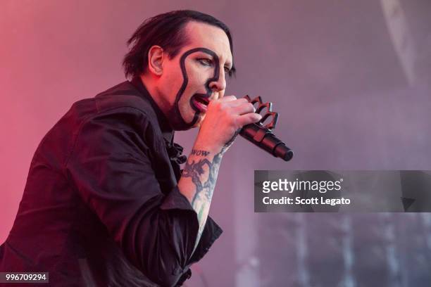 Marilyn Manson performs during the Twins Of Evil - The Second Coming Tour Opener at DTE Energy Music Theater on July 11, 2018 in Clarkston, Michigan.