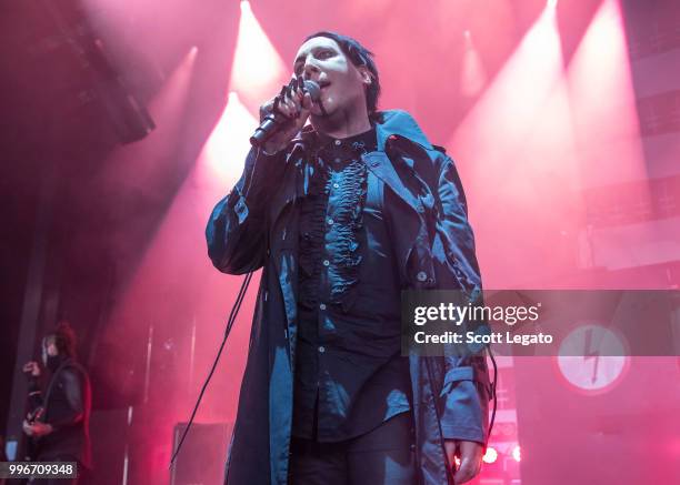 Marilyn Manson performs during the Twins Of Evil - The Second Coming Tour Opener at DTE Energy Music Theater on July 11, 2018 in Clarkston, Michigan.