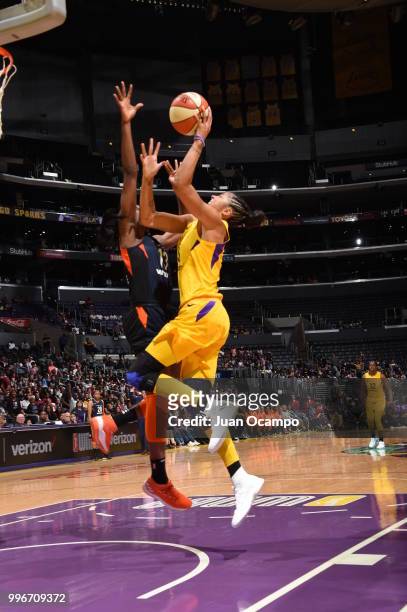 Candace Parker of the Los Angeles Sparks goes to the basket against the Connecticut Sun on July 3, 2018 at STAPLES Center in Los Angeles, California....