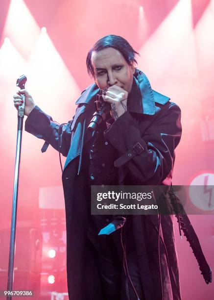 Marilyn Manson performs during the Twins Of Evil - The Second Coming Tour Opener at DTE Energy Music Theater on July 11, 2018 in Clarkston, Michigan.