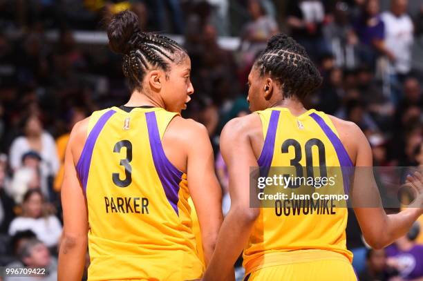 Candace Parker of the Los Angeles Sparks and Nneka Ogwumike of the Los Angeles Sparks speak during the game against the Connecticut Sun on July 3,...
