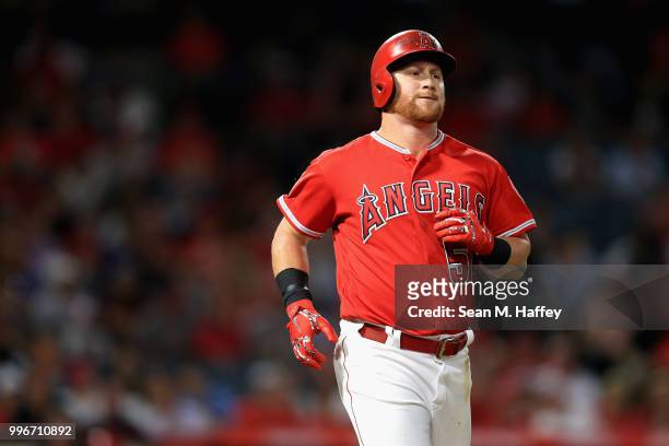 Kole Calhoun of the Los Angeles Angels of Anaheim grounds out to end the eighth inning of a game against the Seattle Mariners at Angel Stadium on...