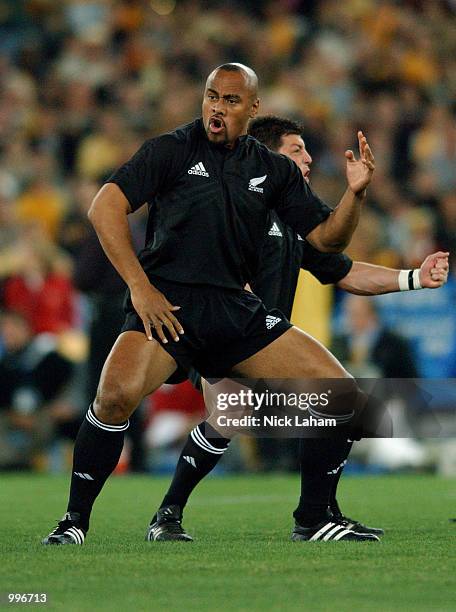 Jonah Lomu of the All Blacks performs he Haka prior to the Tri Nations rugby union match between the Australian Wallabies and the New Zealand All...