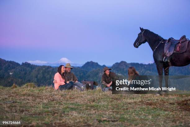 the blue duck lodge located in the whanganui national park is a working cattle farm with a focus on conservation. a group of horse trekkers ride to the summet to catch the sunset and have a glass of wine. - micah stock pictures, royalty-free photos & images
