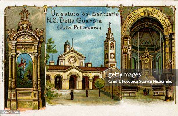 Sanctuary of Our Lady of the Guard, Polcevera Valley. Composition that reproduces three views of the Sanctuary. The temple with the representation of...