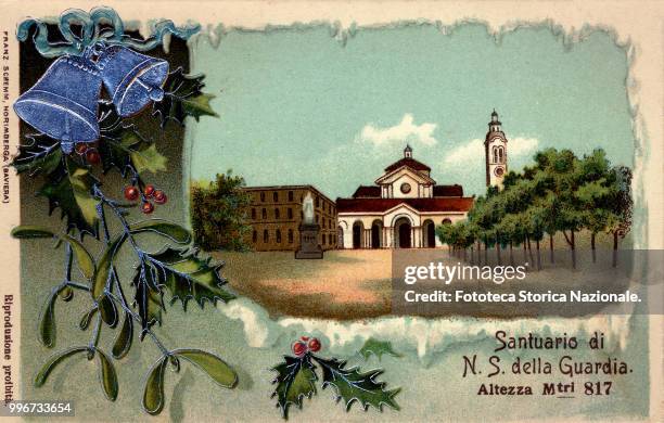 Sanctuary of Our Lady of the Guard, in Polcevera Valley, height 817 meters. Composition that reproduces an external view of the Sanctuary, built near...