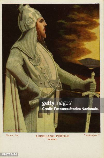 Aureliano Pertile Italian tenor, interprets Lohengrin in the homonymous opera by Richard Wagner. Illustration by Nanni, photo engraving from series...