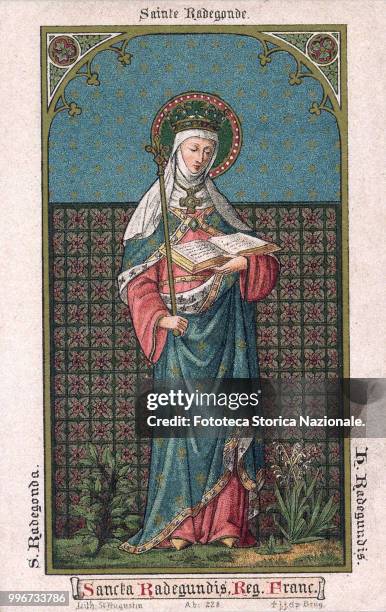 Saint Radegund ?? queen of the Franks, wife of the king of the Franks Clotario I and then a nun, feast day 13th August. Chromos, approx 1850. .