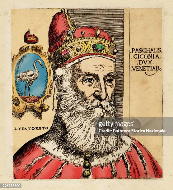 Pasquale Cicogna was the eighty-eighth doge of the Venetian Republic from 18 August 1585 until his death. Colored print, Italy, Venice 1585. .