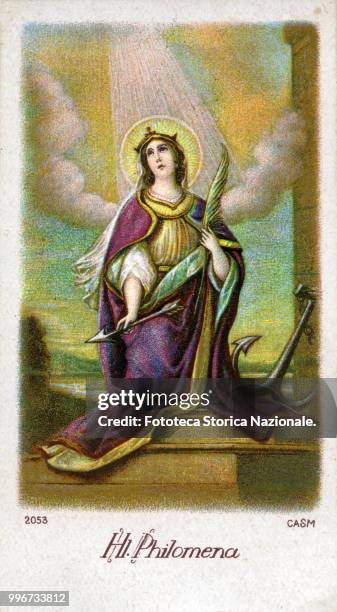 Saint Philomena devotional image depicting the Saint Martyr lived in the Paleochristian era, with the symbols of her martyrdom: scourge, arrows,...