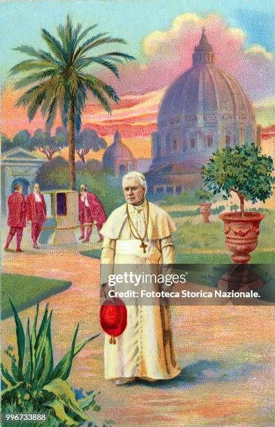 Pope Pius X elected in 1903, in the Vatican gardens: behind him the dome of San Pietro and the attendants with the sedan chair. Postcard, chromos,...