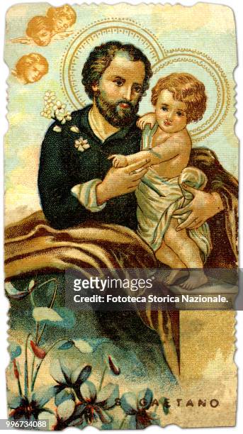 Saint Cajetan of Thiene feast day 7 August. Saint of Divine Providence. Devotional image, Chromos, Italy, Thiene 1899.