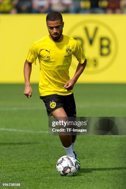 Jeremy Toljan of Dortmund controls the ball during a training session at BVB trainings center on July 9, 2018 in Dortmund, Germany.