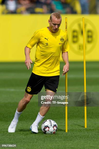 Sebastian Rode of Dortmund controls the ball during a training session at BVB trainings center on July 9, 2018 in Dortmund, Germany.