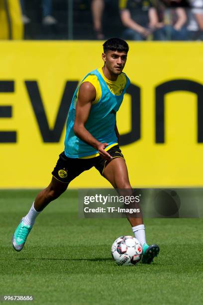 Mahmoud Dahoud of Dortmund controls the ball during a training session at BVB trainings center on July 9, 2018 in Dortmund, Germany.