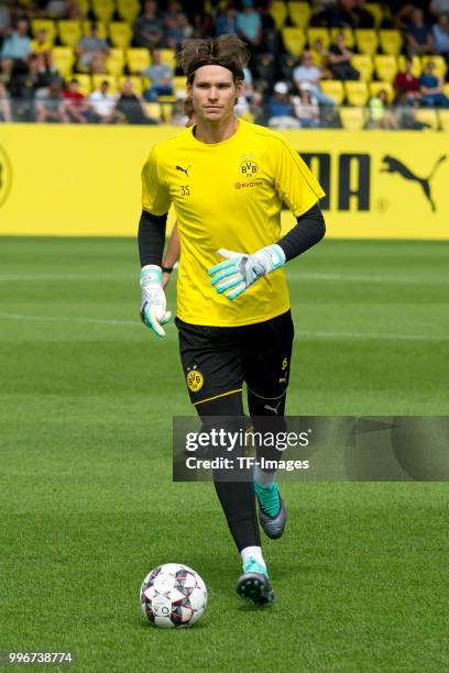 Goalkeeper Marwin Hitz of Dortmund controls the ball during a training session at BVB trainings center on July 9, 2018 in Dortmund, Germany.