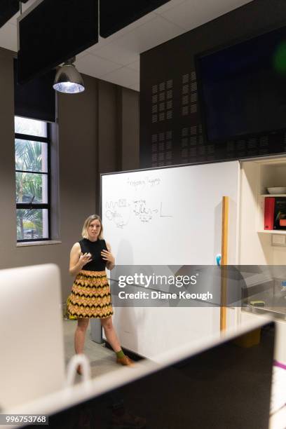 looking over a computer monitor in laboratory to a female neuroscientist standing next to the whiteboard in a laboratory with a whiteboard marker in hand. wide angle view looking towards the camera whilst poising to explain the content on the whiteboard. - explicit content stock pictures, royalty-free photos & images