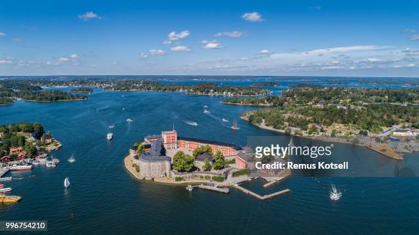 aerial view over vaxholm castle in stockholm archipelago - remus kotsell stock pictures, royalty-free photos & images