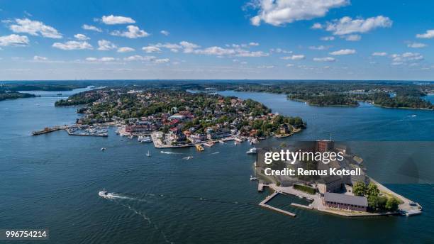 aerial view over vaxholm castle in stockholm archipelago - remus kotsell stock pictures, royalty-free photos & images