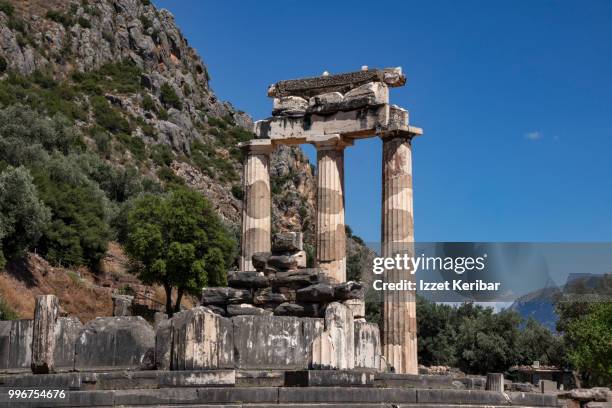 temple of athena  ruins, delphi antique site, near mt parnassus, central greece - legends classic stock-fotos und bilder
