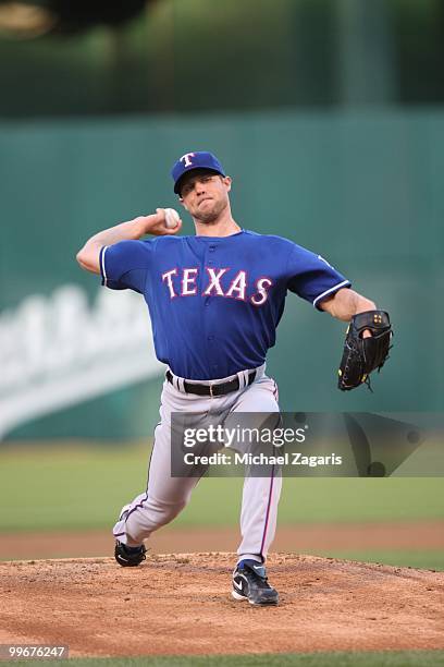 Rich Harden of the Texas Rangers pitching during the game against the Oakland Athletics at the Oakland Coliseum on May 3, 2010 in Oakland,...