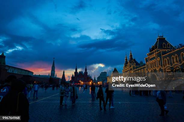 The shopping center GUM on Red Square with Kremlin, Saint Basil's Cathedral , State Historical Museum on July 8, 2018 in Moscow, Russia.